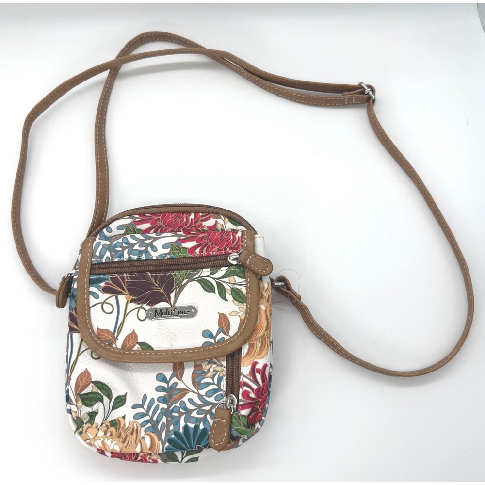 MultiSac Floral Crossbody Bag White Vegan Leather Multi Pocket Organizer Purse